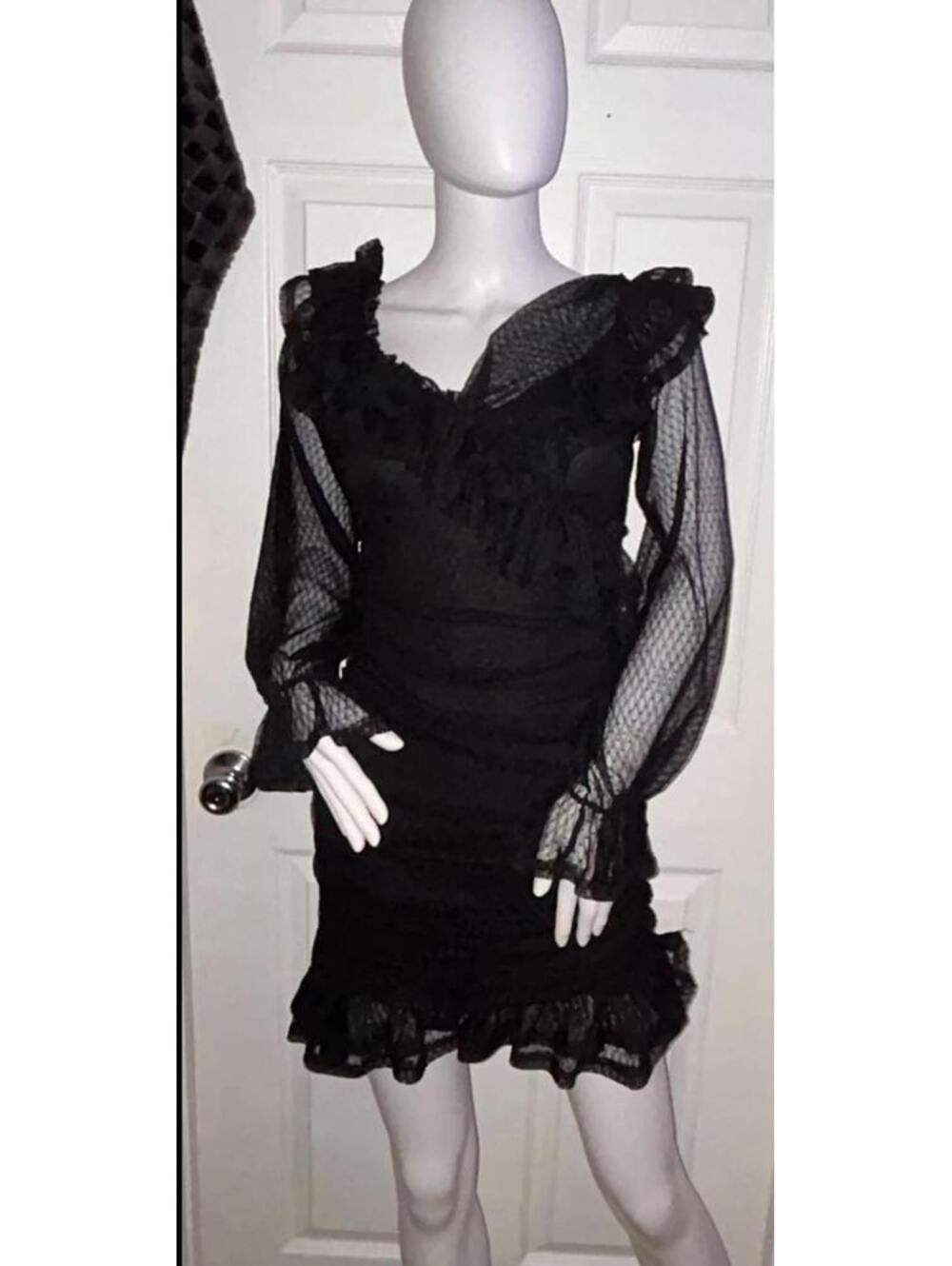 Privy Black Lace Mini Dress Women’s Medium Sheer Long Sleeve Ruffle NWT